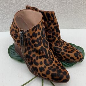 1.State Brown Animal Print Leopard Cow Hair Zip Wedge Heel Kaleb Ankle Boot Shoe